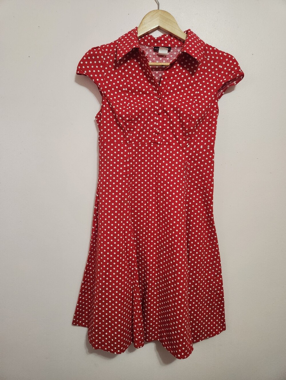 Tropical Wear Red White Polka Dot Fit Flare Button Shirt Dress Retro Pinup Y2K M